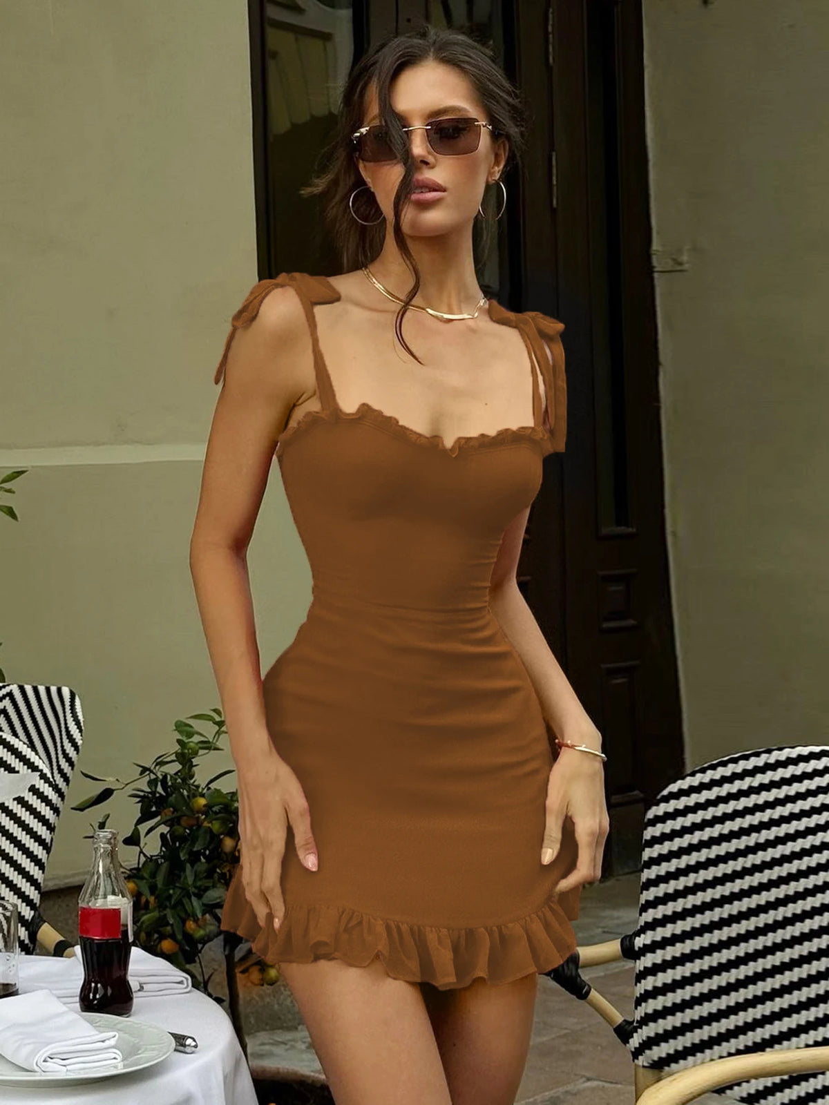 Elegant Solid Slips Ruffles Backless Bandage Patchwork Sexy Slim Mini Dress Summer Women Outfits Party Beach Festival