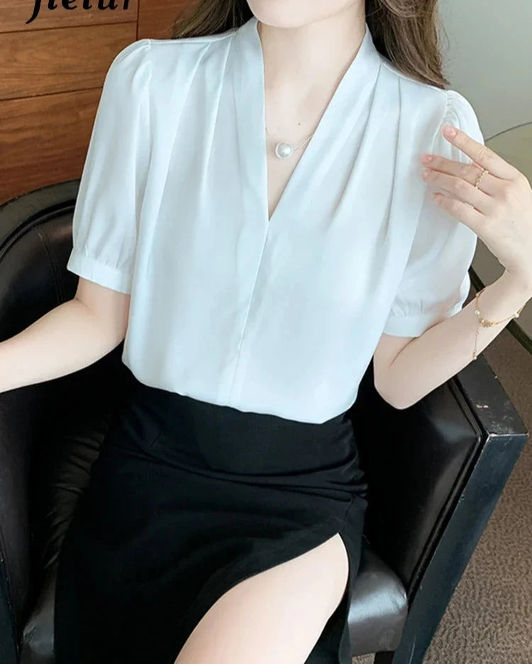 Pure Color Puff Sleeve Female Blouses V-neck Slim Elegant Summer Womem's Blouse Fashion Casual Streetwear Outfits