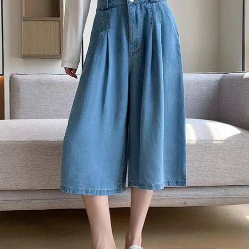 Load image into Gallery viewer, Retro Blue High Waisted Wide Leg Pleated Jeans Women's Spring Summer Loose Straight Seven Point Denim Pants Streetwear Fashion
