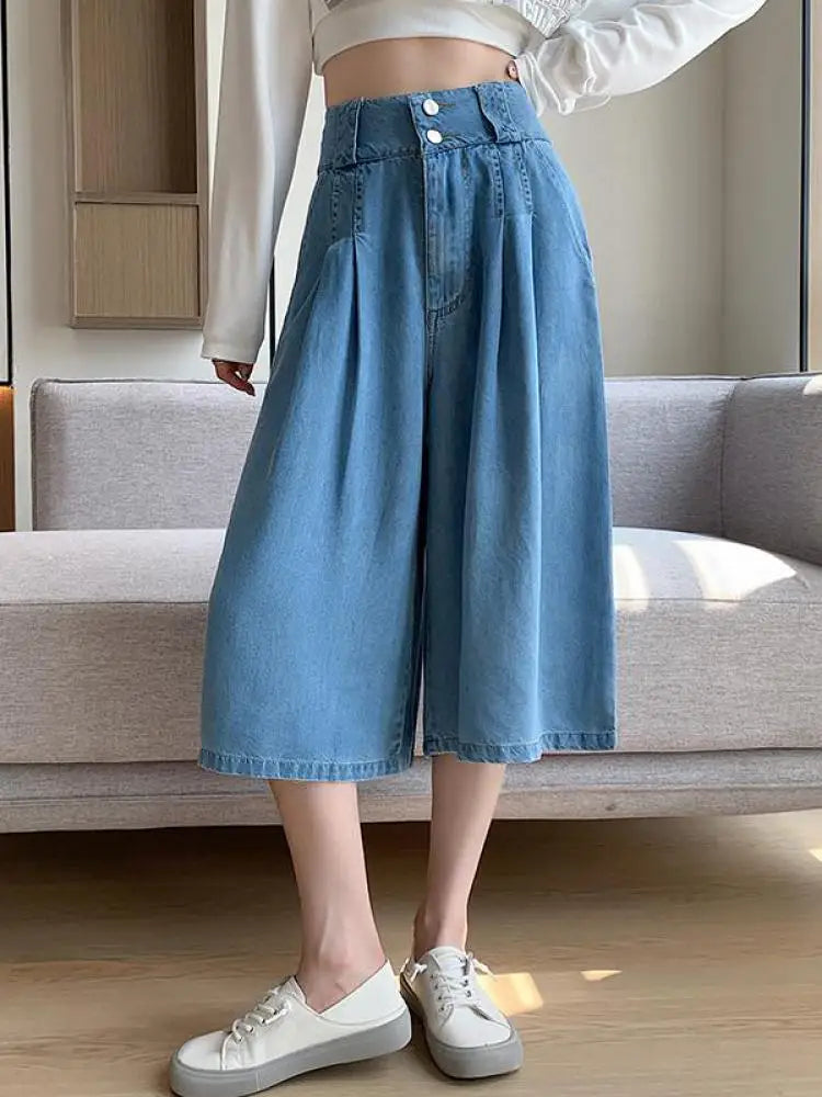 Retro Blue High Waisted Wide Leg Pleated Jeans Women's Spring Summer Loose Straight Seven Point Denim Pants Streetwear Fashion