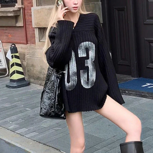 Load image into Gallery viewer, Y2k Aesthetic Vintage Print Loose Pullovers Casual Grunge Harajuku Sweaters V-Neck Off Shoulder All Match Jumpers Korean Fashion
