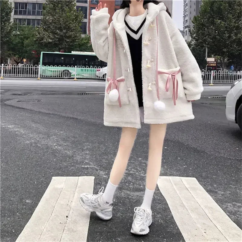 New Winter Fashion Loose Cartoon Jacket Y2k Aesthetic All Match Lamb Wool Women Hooded Coat Thicken Warm Vintage Casual Bow Tops