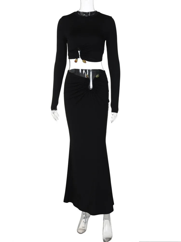 Autumn Winter Skirt Two Pieces Sets Women Sexy Long Sleeve Crop Tops And Elegant Maxi Skirt Sets Ladies Holiday Sets