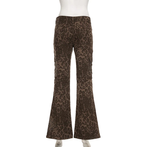 Load image into Gallery viewer, Streetwear Leopard Print Rivet Decorated Jeans Women Fashion Full Lenght Flare Dimen Trousers Button-Fly Bottoms Chic
