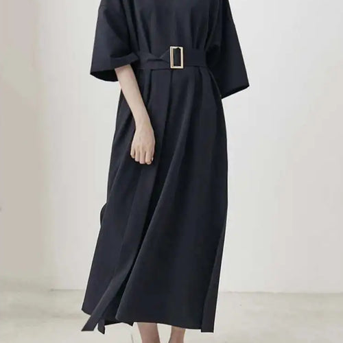 Load image into Gallery viewer, Women Black Brief Belted Elegant Big Size Dress New V-Neck Three-quarter Sleeve Fashion Tide Spring Autumn 2025 1DH6206
