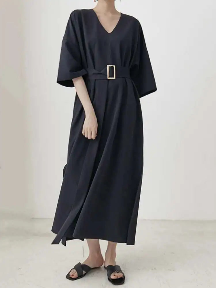 Women Black Brief Belted Elegant Big Size Dress New V-Neck Three-quarter Sleeve Fashion Tide Spring Autumn 2025 1DH6206