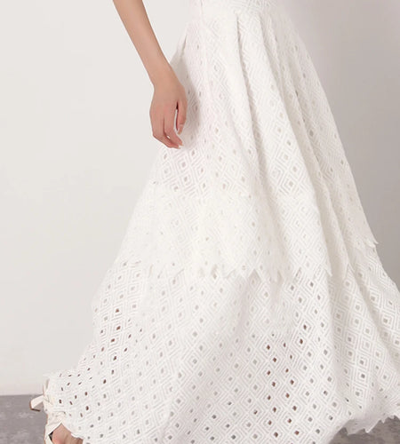 White Vintage Cut Out Skirt For Women High Waist A Line Lace Panel Irregular Hem Midi Skirts Female Summer Clothing