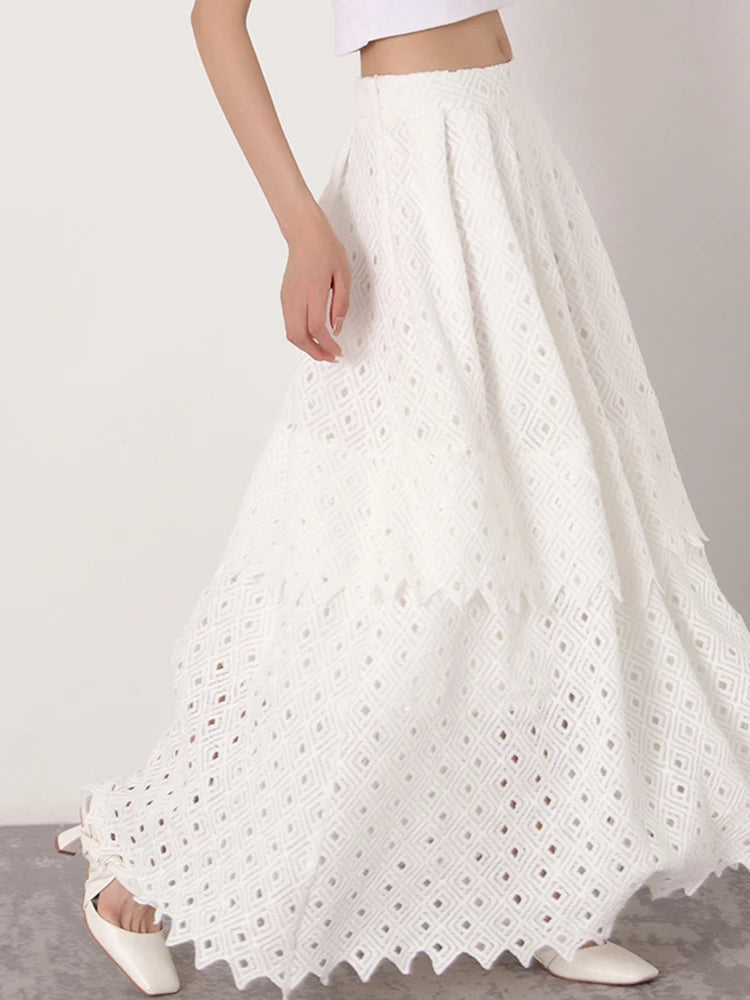 White Vintage Cut Out Skirt For Women High Waist A Line Lace Panel Irregular Hem Midi Skirts Female Summer Clothing