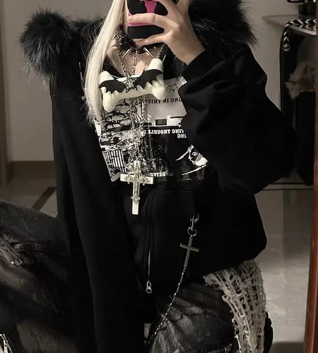 Harajuku Black Jackets Women's Clothing Furry Hooded Zip-up Outwear Streetwear Fashion Casual Print Y2k Coats 2024 Ropa Mujer