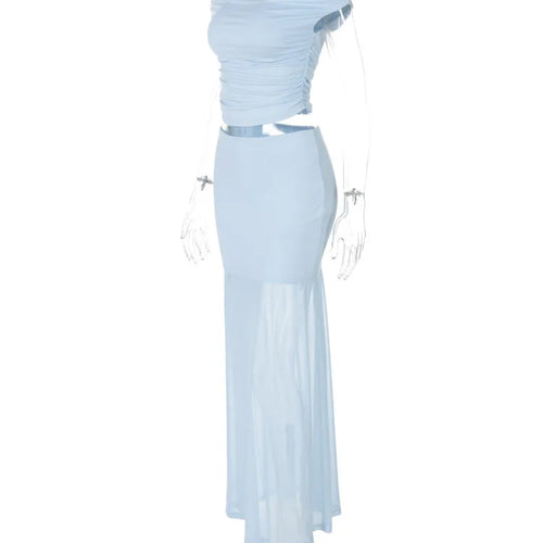 Load image into Gallery viewer, Blue Mesh Sexy Skirt Two Piece Sets Women Strapless Crop Tops And Maxi Skirt Ladies Fashion Elegant 2 Piece Sets
