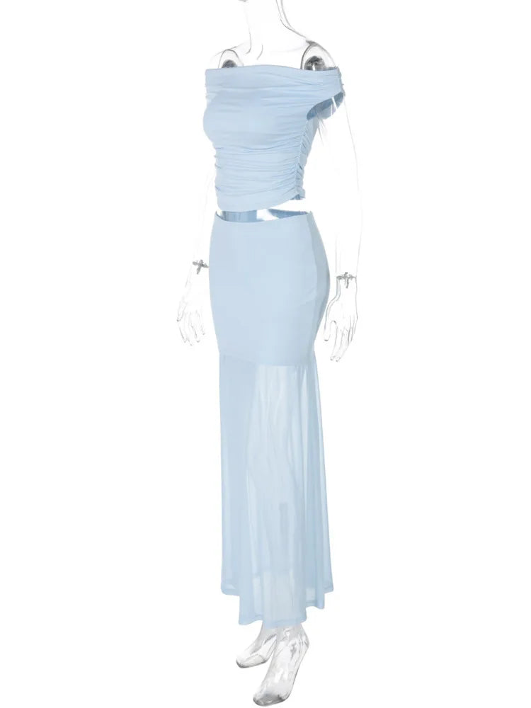 Blue Mesh Sexy Skirt Two Piece Sets Women Strapless Crop Tops And Maxi Skirt Ladies Fashion Elegant 2 Piece Sets