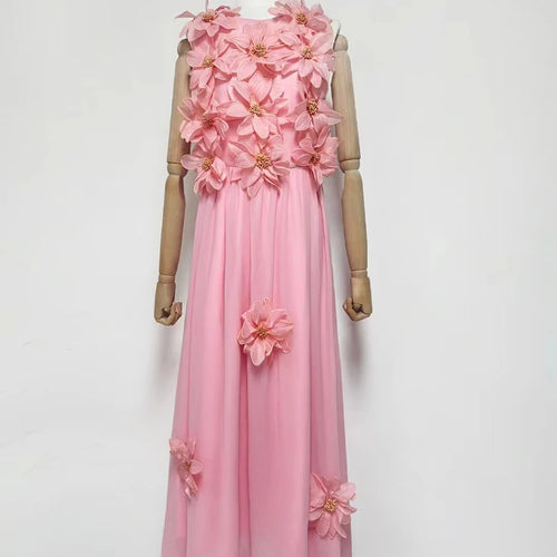 Load image into Gallery viewer, Solid Spliced 3D Flower Elegant Long Dresses for Women Round Neck Sleeveless High Waist Dress Female Clothing New
