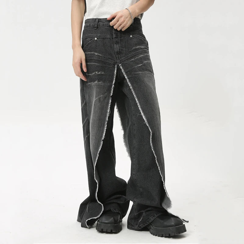 High Street Men's Denim Pants Stylish Casual Fake Two-Piece Pockets Male New Trend Trousers Summer Loose Jeans C6090