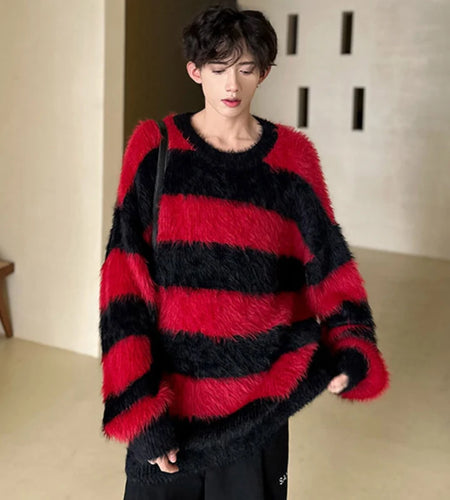 Niche Design Stripe Male Round Collar Sweaters Korean Patchwork Contrast Color Men's Knitting Pullovers Winter Tide 9C4132