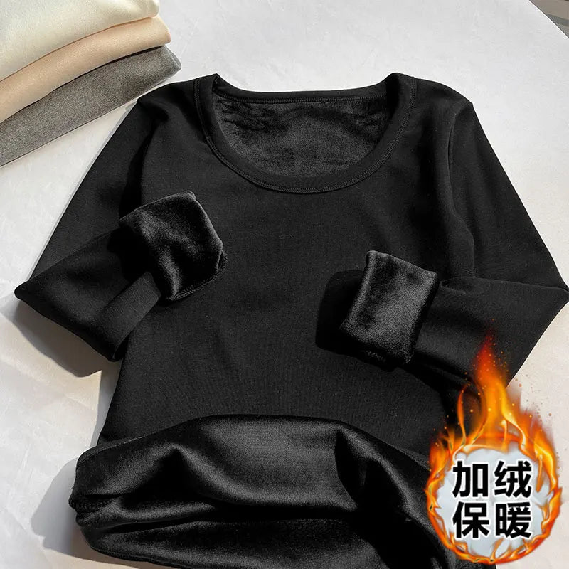 Solid O Neck Long Sleeve Shirt Women Autumn Winter Bottoming Tops Casual Slim Basic Velvet T-shirt 2024 Simplicity Popular Trend