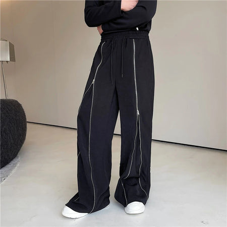 Trendy Zipper Decoration Niche Design Men's Pants Casual Elastic Waist Male Trousers Solid Color Autumn 9C2033