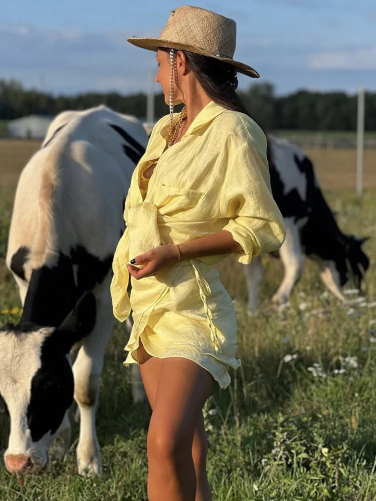 Summer Beach Two Piece Sets Women Long Sleeve Shirt And Mini Skirt Female See Through Loose 2 Piece Set Beachwear