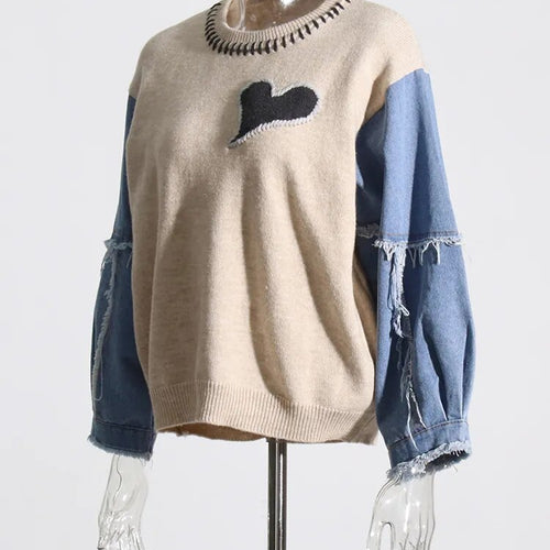 Load image into Gallery viewer, Hit Color Spliced Denim Sweater For Women Round Neck Long Sleeve Pullover Sweaters Female Fashion Style Clothing
