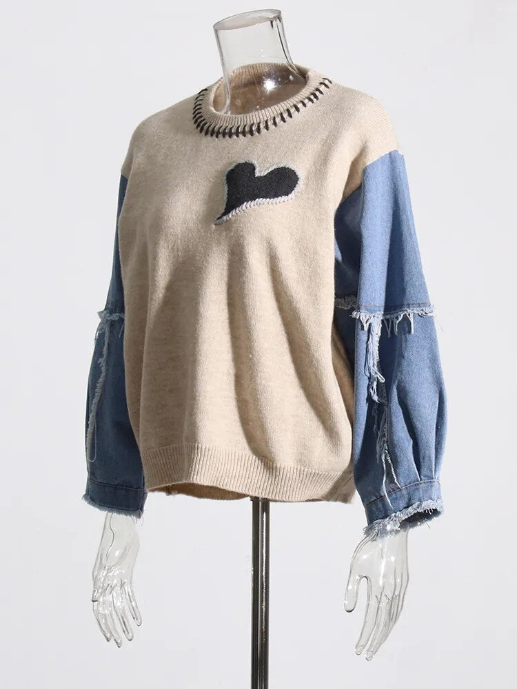 Hit Color Spliced Denim Sweater For Women Round Neck Long Sleeve Pullover Sweaters Female Fashion Style Clothing