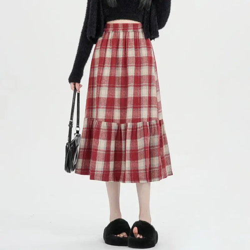 Load image into Gallery viewer, French Vintage Autumn Winter Red Plaid Elegant Pleated Long Skirt For Women's High Waist Festival Ruffles A-line Skirts 2024 New
