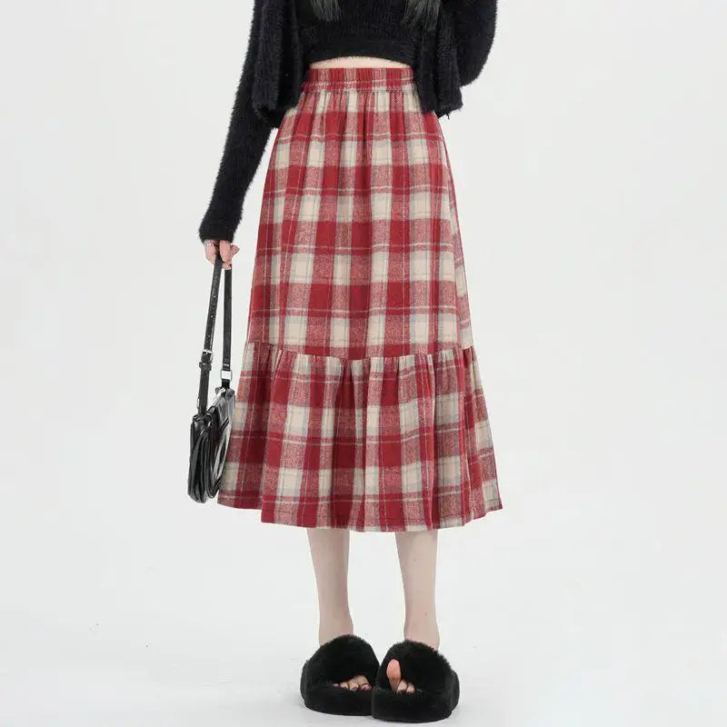 French Vintage Autumn Winter Red Plaid Elegant Pleated Long Skirt For Women's High Waist Festival Ruffles A-line Skirts 2024 New
