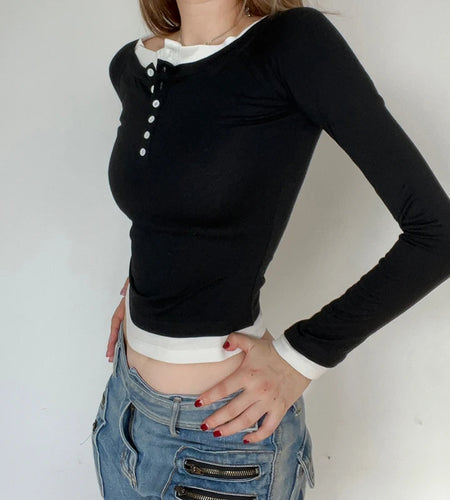 Casual Fitness Patched Female T-shirts Buttons Basic Long Sleeve Crop Top Korean Clothes Autumn Tee All-Match Shirts