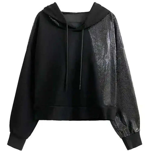 Load image into Gallery viewer, Black Spliced Casual Cool Sweatshirt New Hooded Long Sleeve Women Big Size Fashion Tide Spring Autumn 2025 1DH3873
