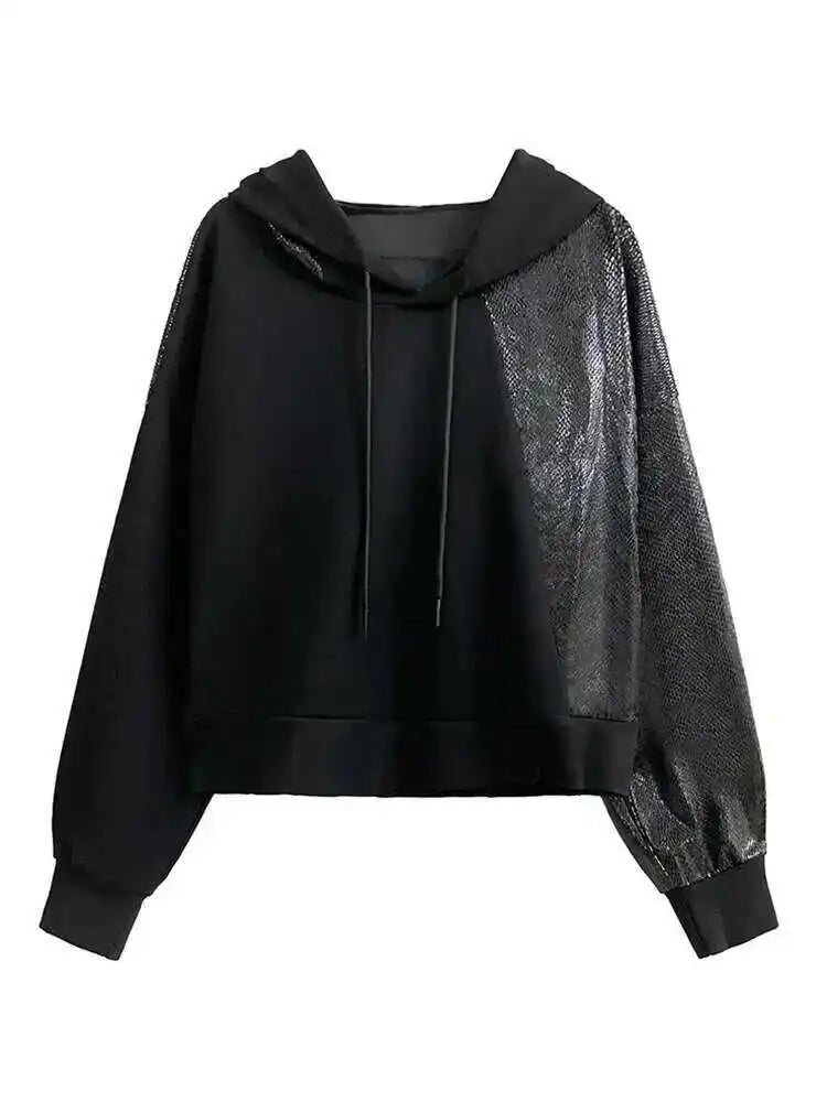Black Spliced Casual Cool Sweatshirt New Hooded Long Sleeve Women Big Size Fashion Tide Spring Autumn 2025 1DH3873