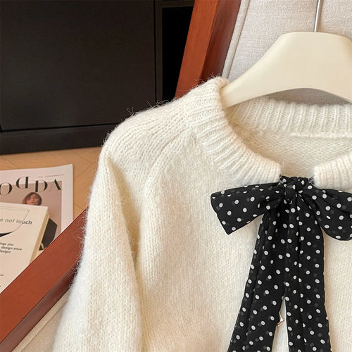 Load image into Gallery viewer, French Vintage Autumn Winter Beige Red Elegant Short Sweater Women's 2024 New Yellow Round Neck Bow Long Sleeved Knitted Tops
