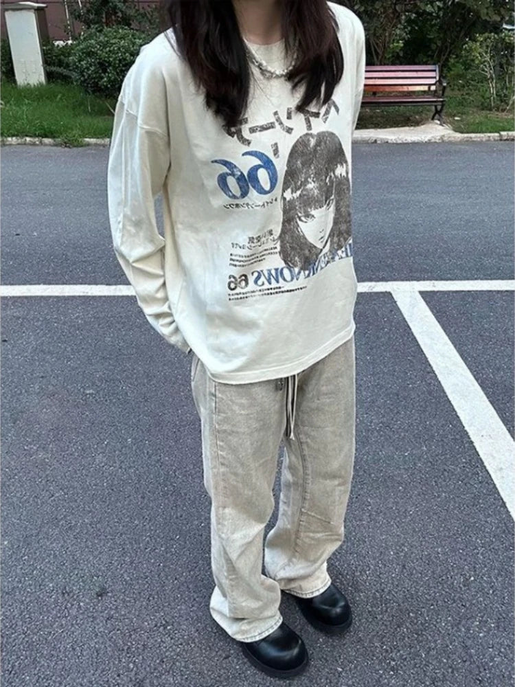 Long Sleeve T-Shirts Vintage Letter Print Japanese Harajuku Women Clothing Y2k Grunge Tops Loose Casual Tees Streetwear Female