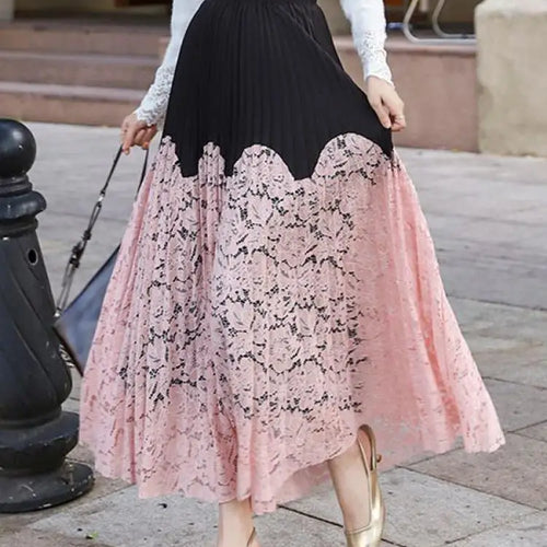 Load image into Gallery viewer, Autumn Winter French Vintage Black White Patchwork Lace Long Skirt Women&#39;s 2024 Sweet Pink Elegant High Waist Pleated Skirt Chic
