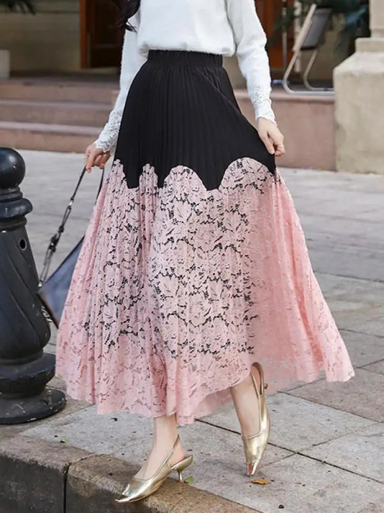 Autumn Winter French Vintage Black White Patchwork Lace Long Skirt Women's 2024 Sweet Pink Elegant High Waist Pleated Skirt Chic