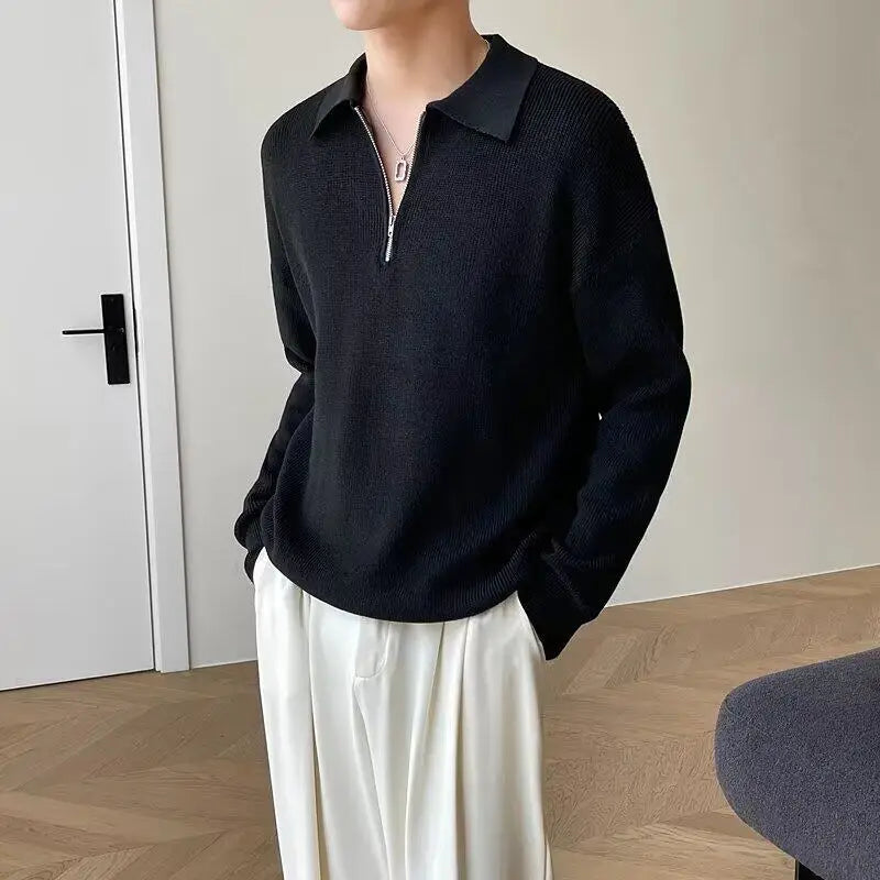 Men's Half Zip Sweater New Trendy Men's Spring Autumn Korean Style Casual Turn-down Collar Solid Color Sweaters 9W1216