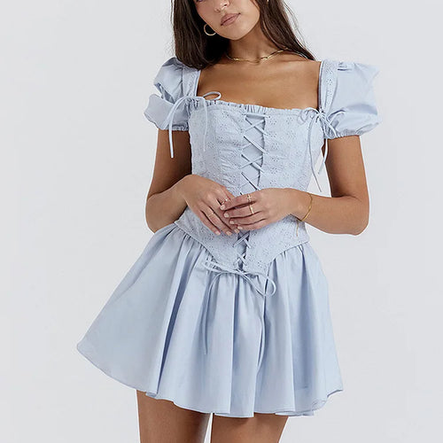 Load image into Gallery viewer, Fashion New Product Bubble Sleeves Square Neck Dress Slim Lace Up Princess Dress Two Piece Set Elegant Sweet Female Set
