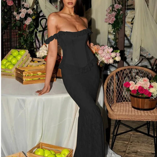 Load image into Gallery viewer, Elegant Sleeveless Bandage Ruffle Edge Printed Dress Women Zipper Slim Long Dress Open Back Party Club Evening Dress
