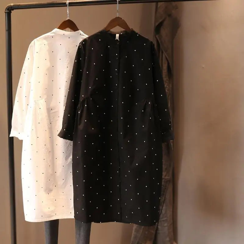 Women Blouses 2022 New Long Sleeve Top Polka Dot Print Casual Fashion Shirts Female Clothes Loose Medium Long White Blouse