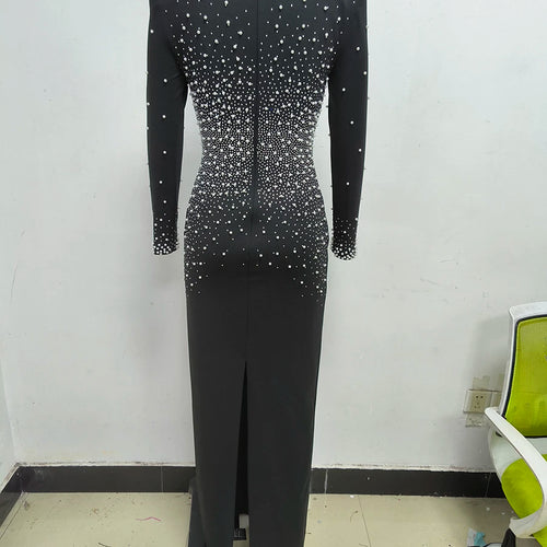 Load image into Gallery viewer, Solid Spliced Diamonds Slimming Dresses For Women V Neck Long Sleeve High Wiast Temperament Dress Femlae Fashion
