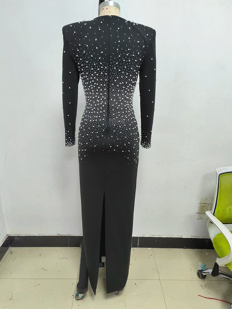 Solid Spliced Diamonds Slimming Dresses For Women V Neck Long Sleeve High Wiast Temperament Dress Femlae Fashion