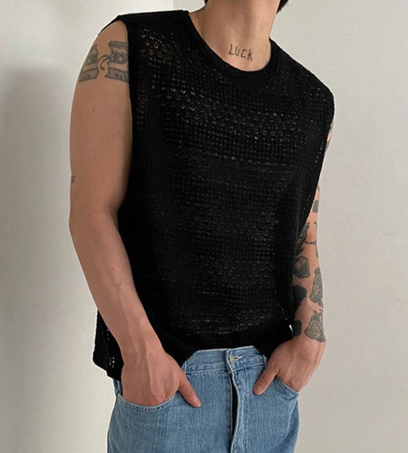Minimalist Men's Tank Tops Casual Knitting Hollow Out Clothing Sleeveless Round Neck Male Top New Fashion Summer 9C6485