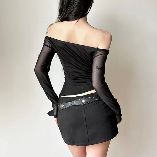 Load image into Gallery viewer, Vintage Slash Neck Diamond Letter Tshirts Streetwear Gauze Slim Fairy Tees Women Y2k Aesthetic Irregular Grunge T-shirts Sexy
