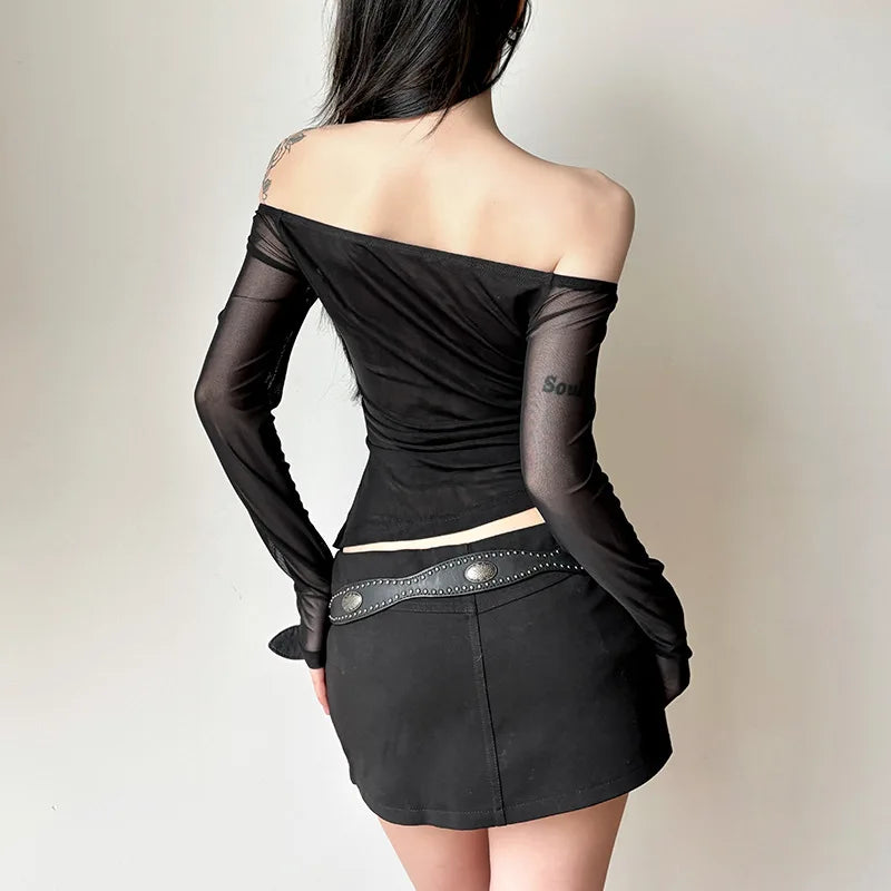 Vintage Slash Neck Diamond Letter Tshirts Streetwear Gauze Slim Fairy Tees Women Y2k Aesthetic Irregular Grunge T-shirts Sexy