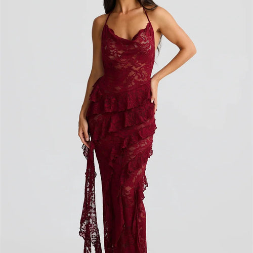 Load image into Gallery viewer, Lace Backless Sexy Maxi Dress Women Gown Halter Lace-up Sleeveless Bodycon Elegant Ruffle Beach Club Long Dress 2025
