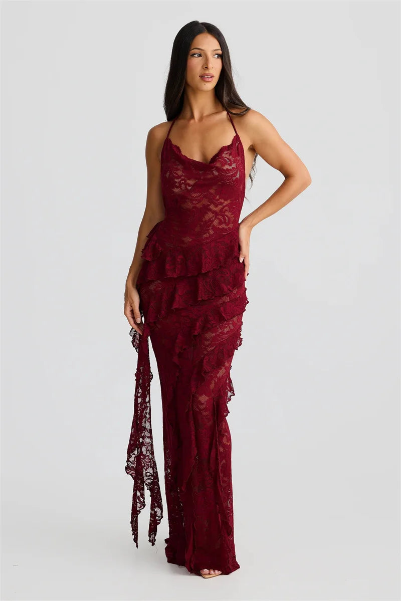 Lace Backless Sexy Maxi Dress Women Gown Halter Lace-up Sleeveless Bodycon Elegant Ruffle Beach Club Long Dress 2025
