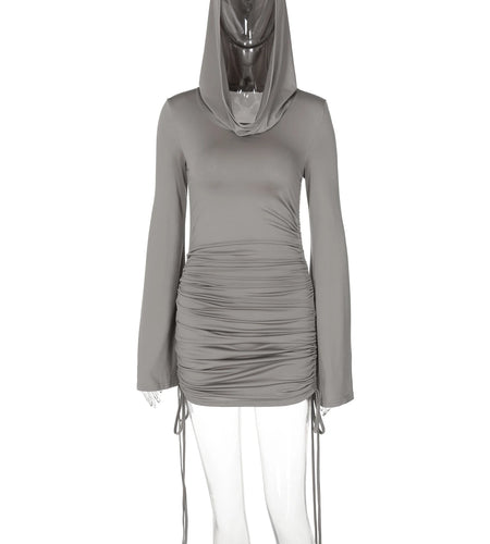 Hoodies Solid Long Sleeve Shirring Lace Up Sexy Mini Dress Autumn Women Casual Outfits Streetwear Birthday Party