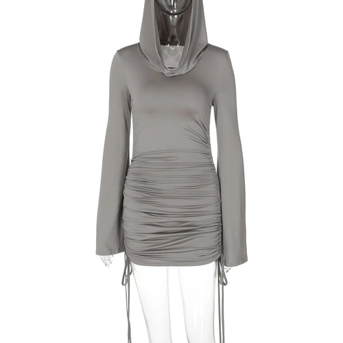 Load image into Gallery viewer, Hoodies Solid Long Sleeve Shirring Lace Up Sexy Mini Dress Autumn Women Casual Outfits Streetwear Birthday Party
