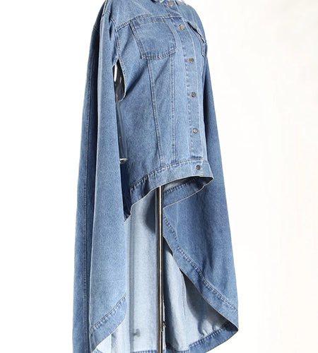 Women Blue Denim Irregular Big Size Cloak Trench New Lapel Long Sleeve Windbreaker Fashion Tide Spring Autumn 2025 7AB6483