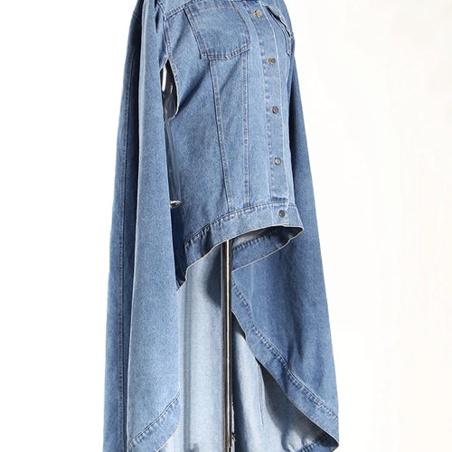 Load image into Gallery viewer, Women Blue Denim Irregular Big Size Cloak Trench New Lapel Long Sleeve Windbreaker Fashion Tide Spring Autumn 2025 7AB6483
