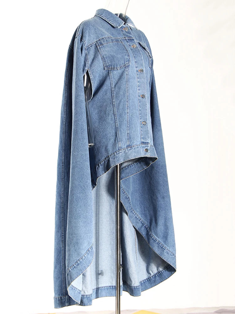 Women Blue Denim Irregular Big Size Cloak Trench New Lapel Long Sleeve Windbreaker Fashion Tide Spring Autumn 2025 7AB6483