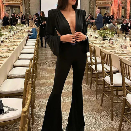 Load image into Gallery viewer, Sexy Deep V Hollow Out Jumpsuit Women 3D Flower Flare Pants Long Pants Slim Backless Female Jumpsuit Party Club Clothing

