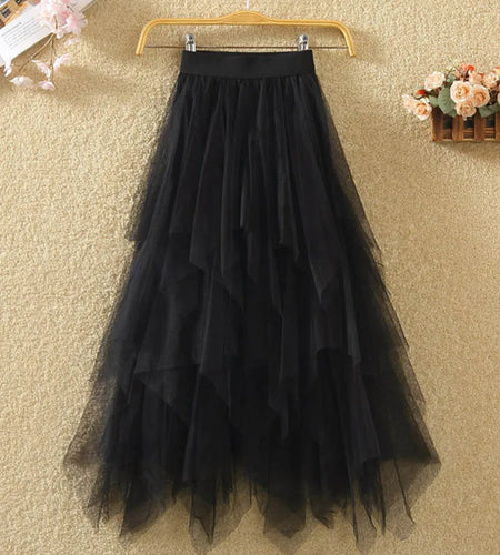 Women irregular Tulle Skirts Fashion Elastic High Waist Mesh Tutu Skirt Pleated Long Skirts Midi Skirt Saias Faldas Jupe Femmle